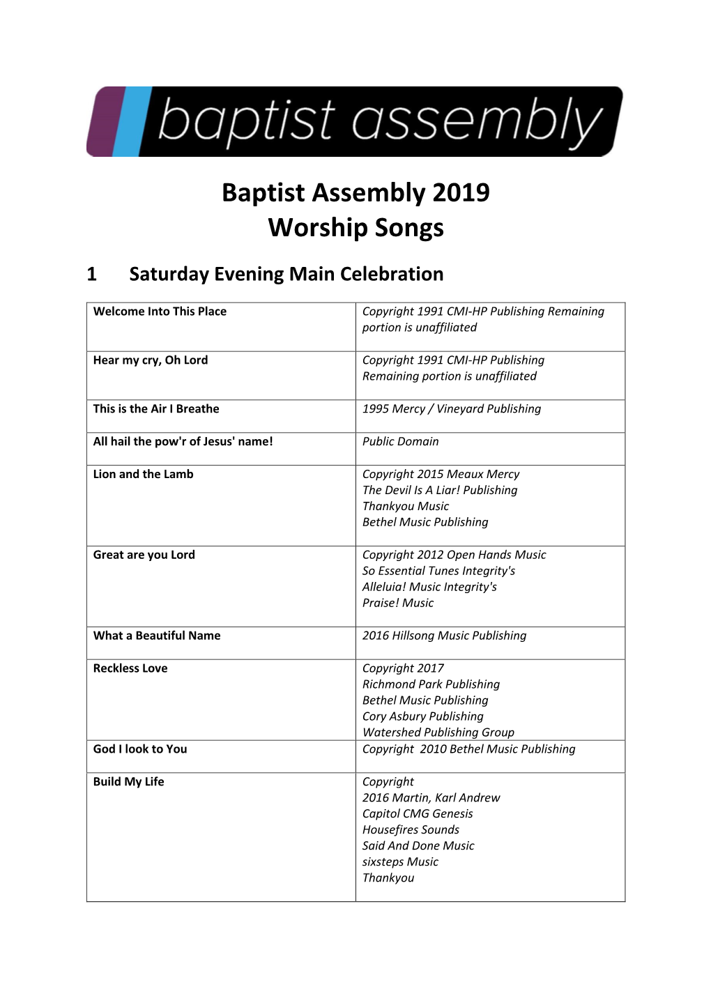 Baptist Assembly 2019 Worship Songs