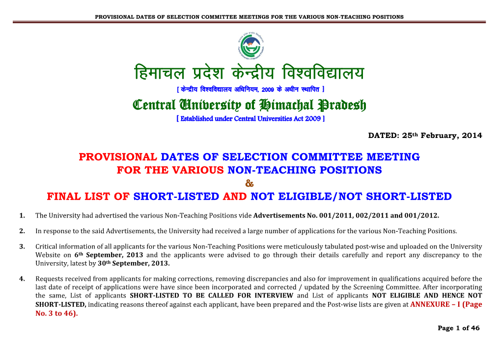 Provisional Dates of Selection Committee Meetings for the Various Non-Teaching Positions