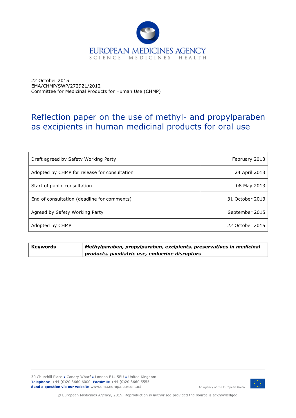 Reflection Paper on the Use of Methyl- and Propylparaben As Excipeints In