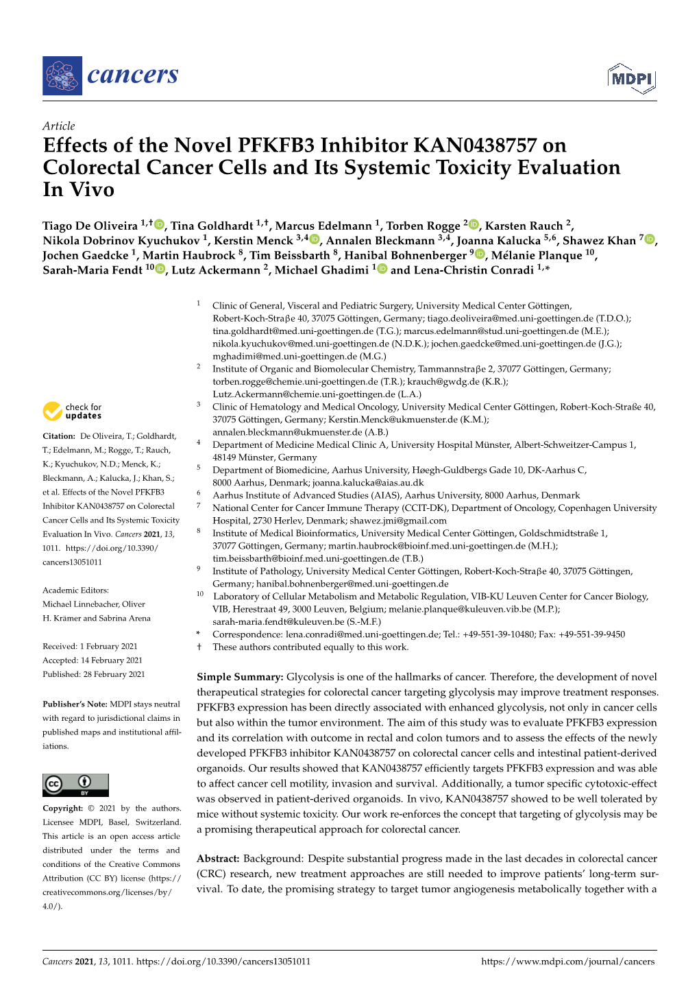 Effects of the Novel PFKFB3 Inhibitor KAN0438757 on Colorectal Cancer Cells and Its Systemic Toxicity Evaluation in Vivo