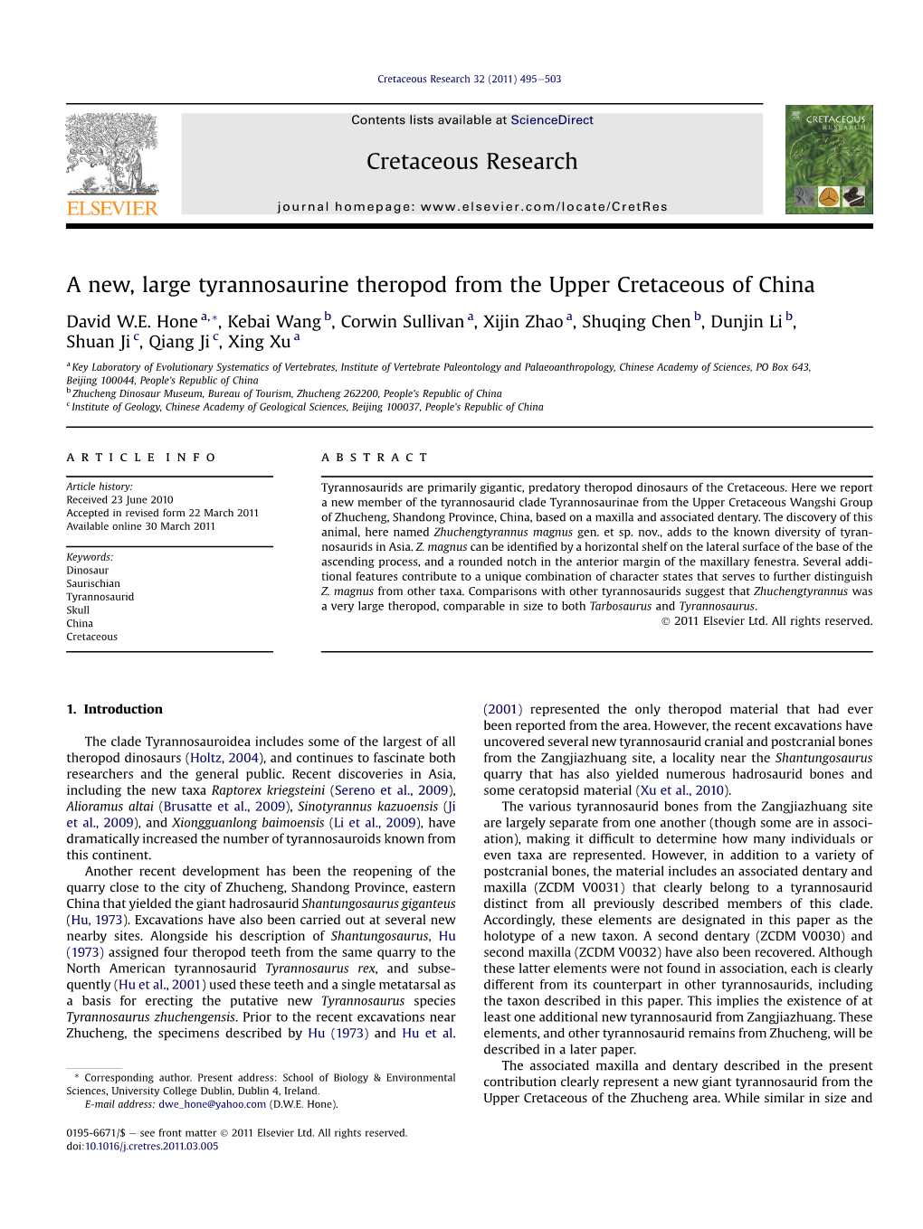 A New, Large Tyrannosaurine Theropod from the Upper Cretaceous of China