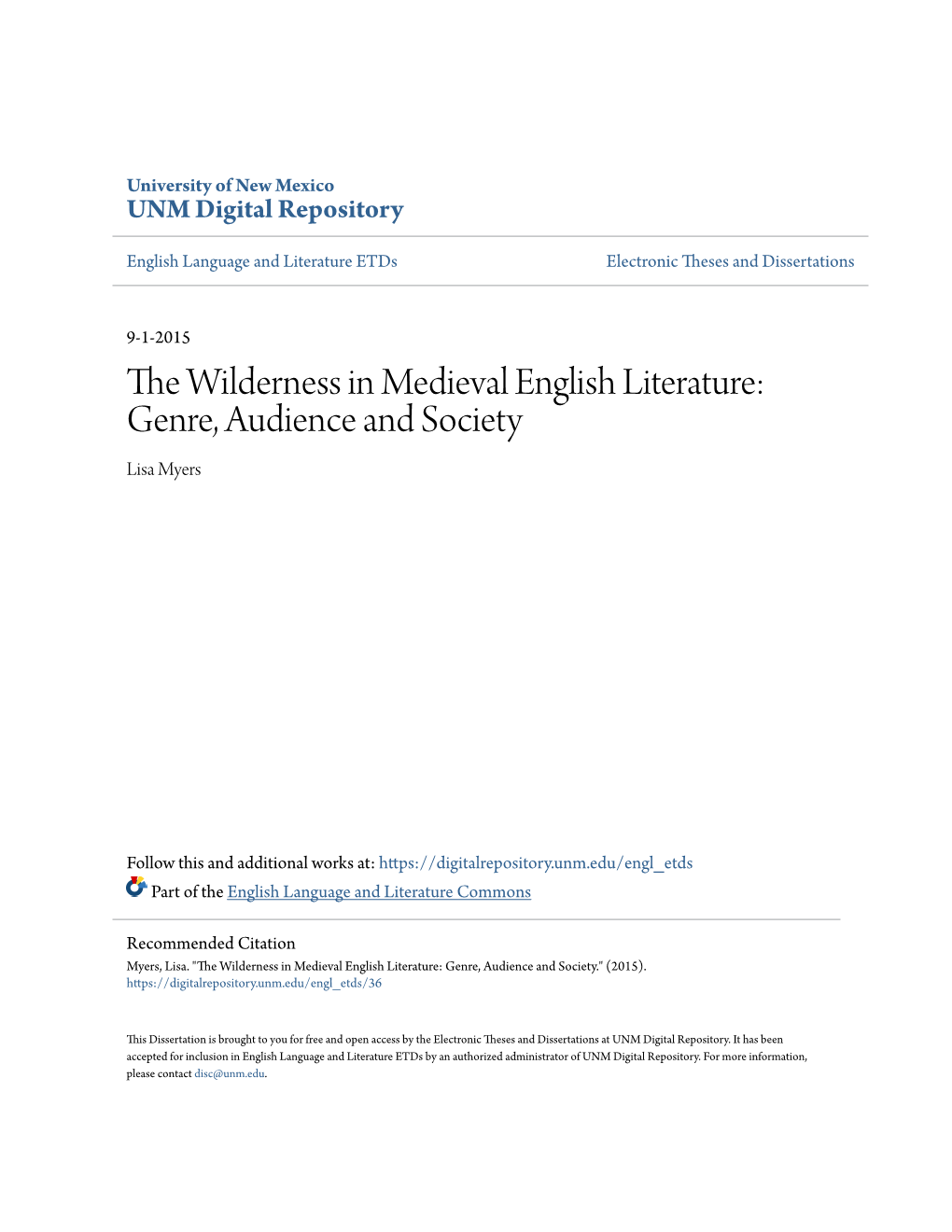 The Wilderness in Medieval English Literature: Genre, Audience and Society