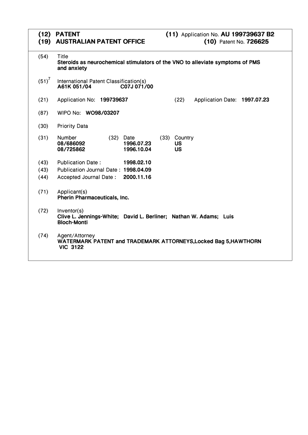 (11) Application No. AU 199739637 B2 (19) AUSTRALIAN PATENT OFFICE (10) Patent No