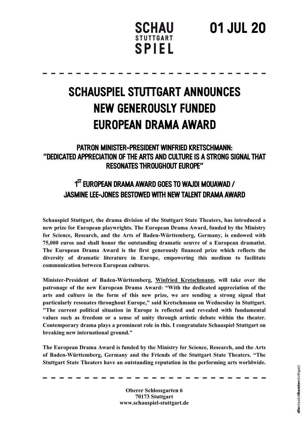European Drama Award Goes to Wajdi Mouawad / Jasmine Lee-Jones Bestowed with New Talent Drama Award