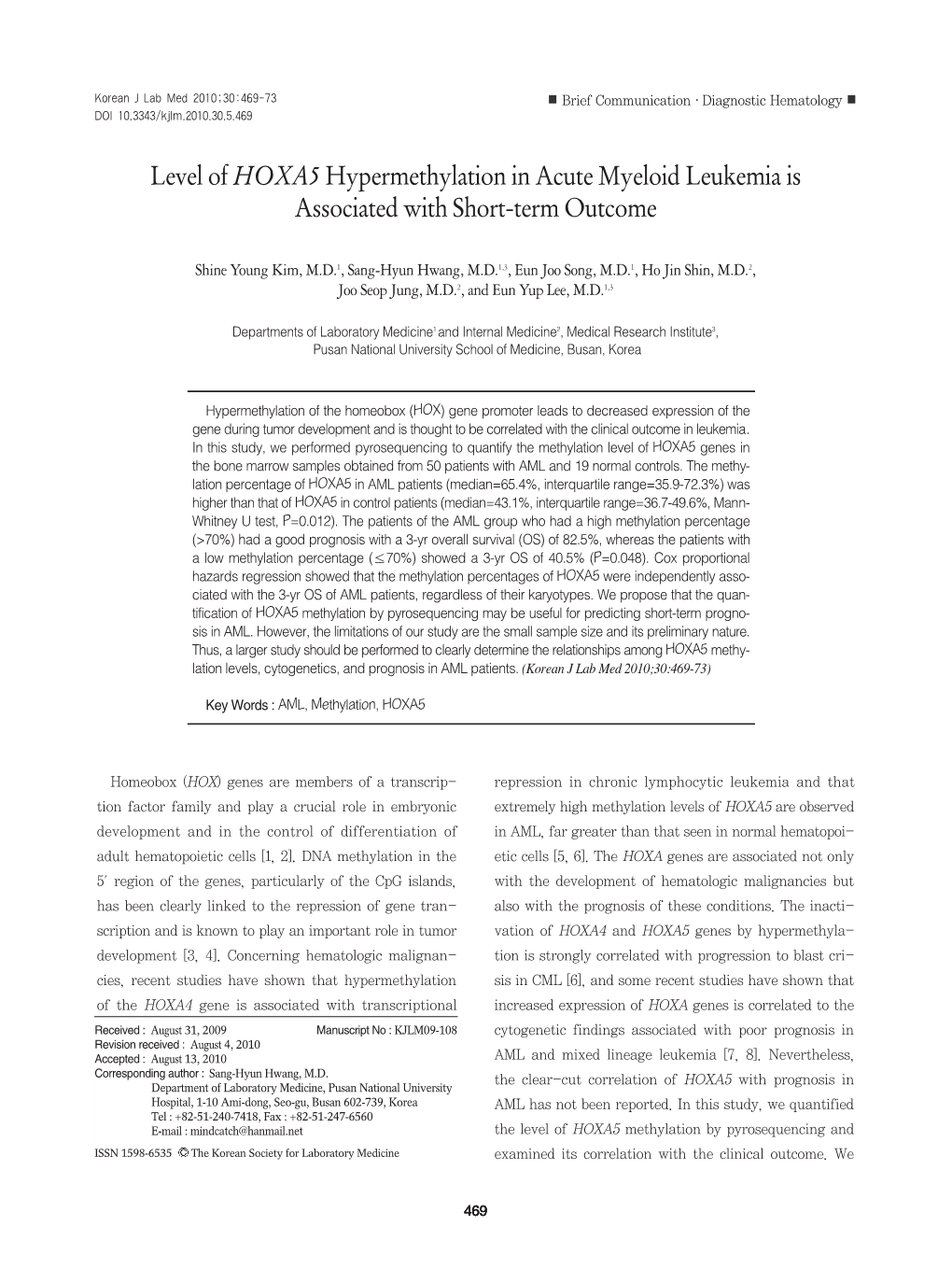 Level of HOXA5 Hypermethylation in Acute Myeloid Leukemia Is Associated with Short-Term Outcome