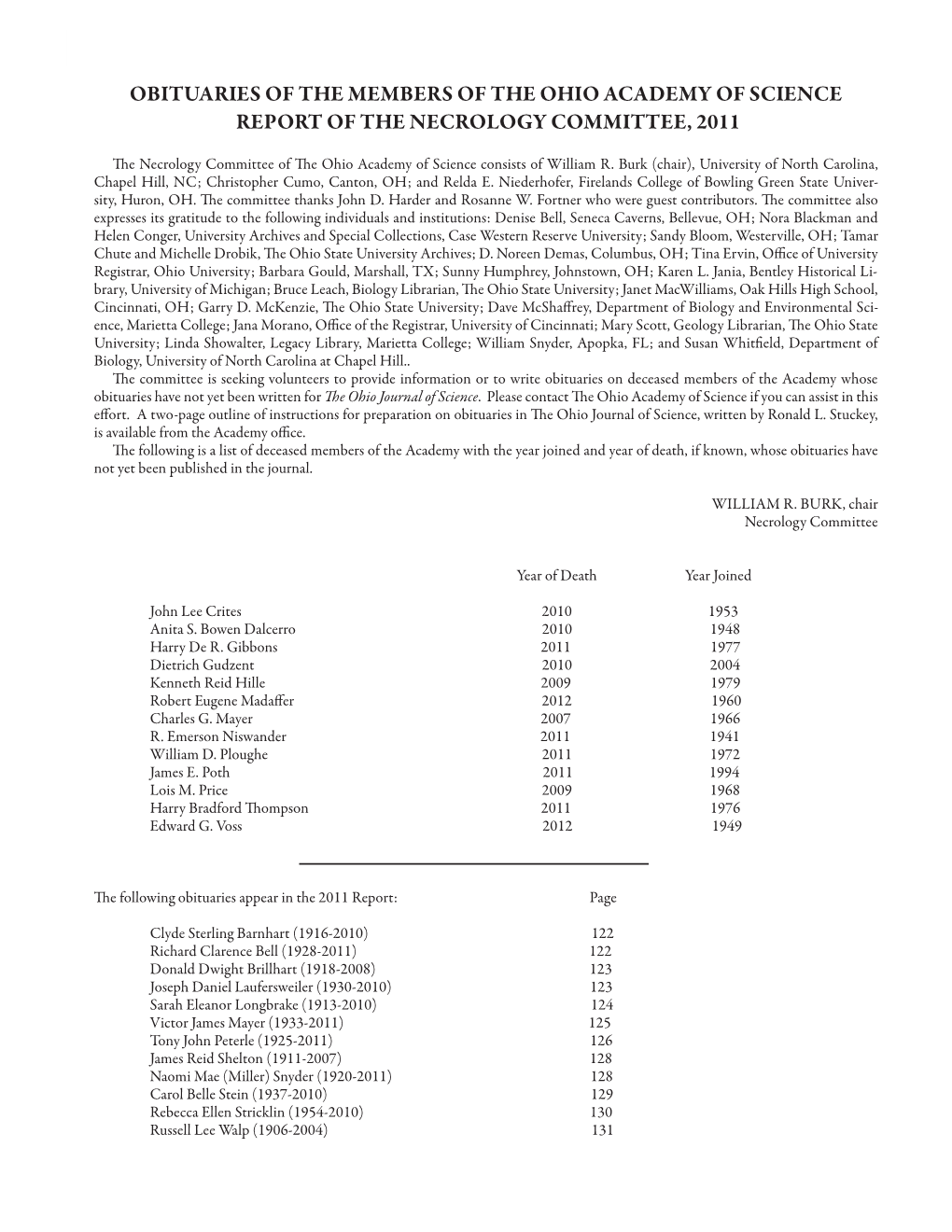 Obituaries of the Members of the Ohio Academy of Science Report of the Necrology Committee, 2011