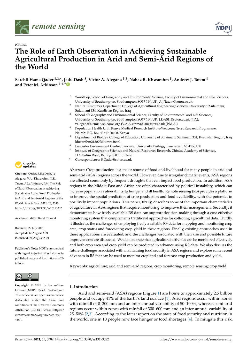 The Role of Earth Observation in Achieving Sustainable Agricultural Production in Arid and Semi-Arid Regions of the World