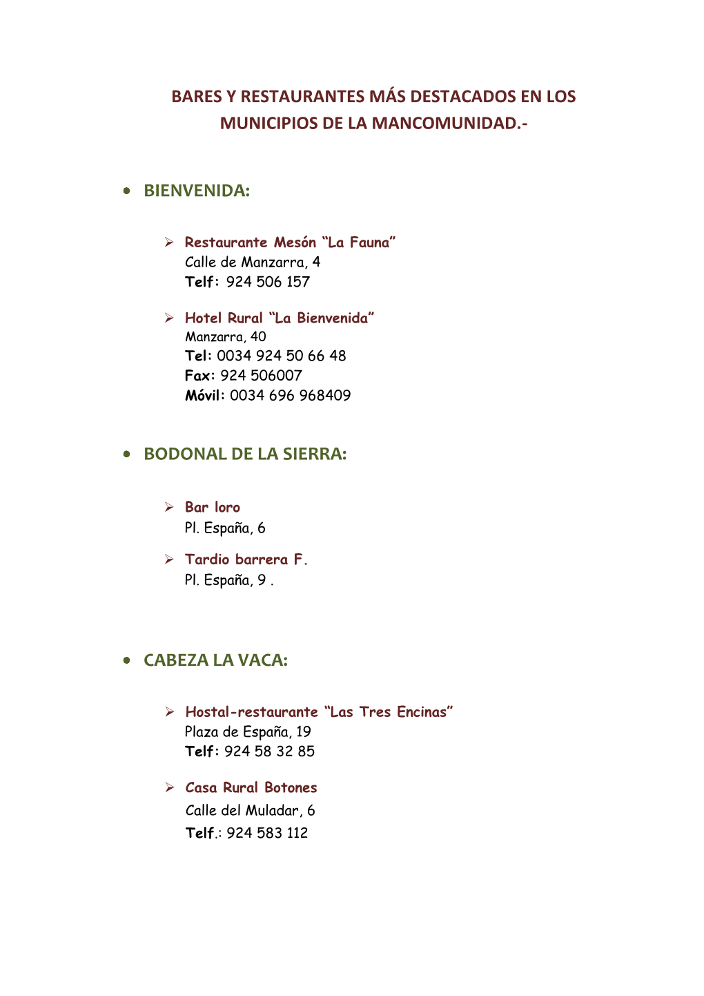 Bares Y Restaurantes Más Destacados En Los Municipios De La Mancomunidad