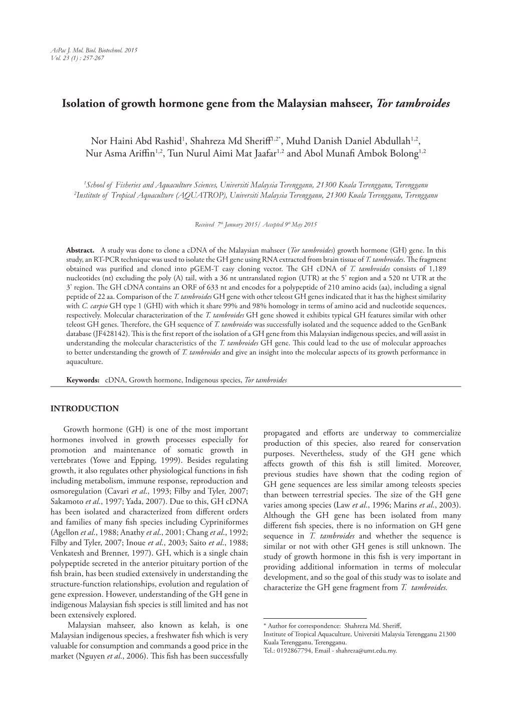 Isolation of Growth Hormone Gene from the Malaysian Mahseer, Tor Tambroides