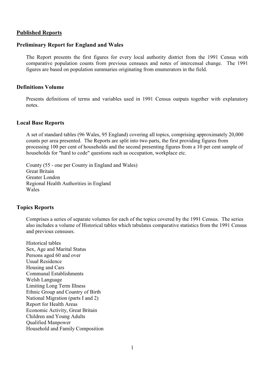 1991 Census Published Reports