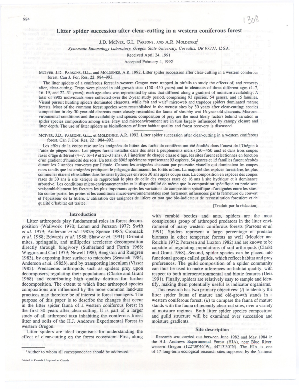 Litter Spider Succession After Clear-Cutting in a Western Coniferous Forest