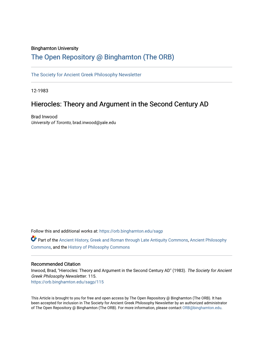 Hierocles: Theory and Argument in the Second Century AD