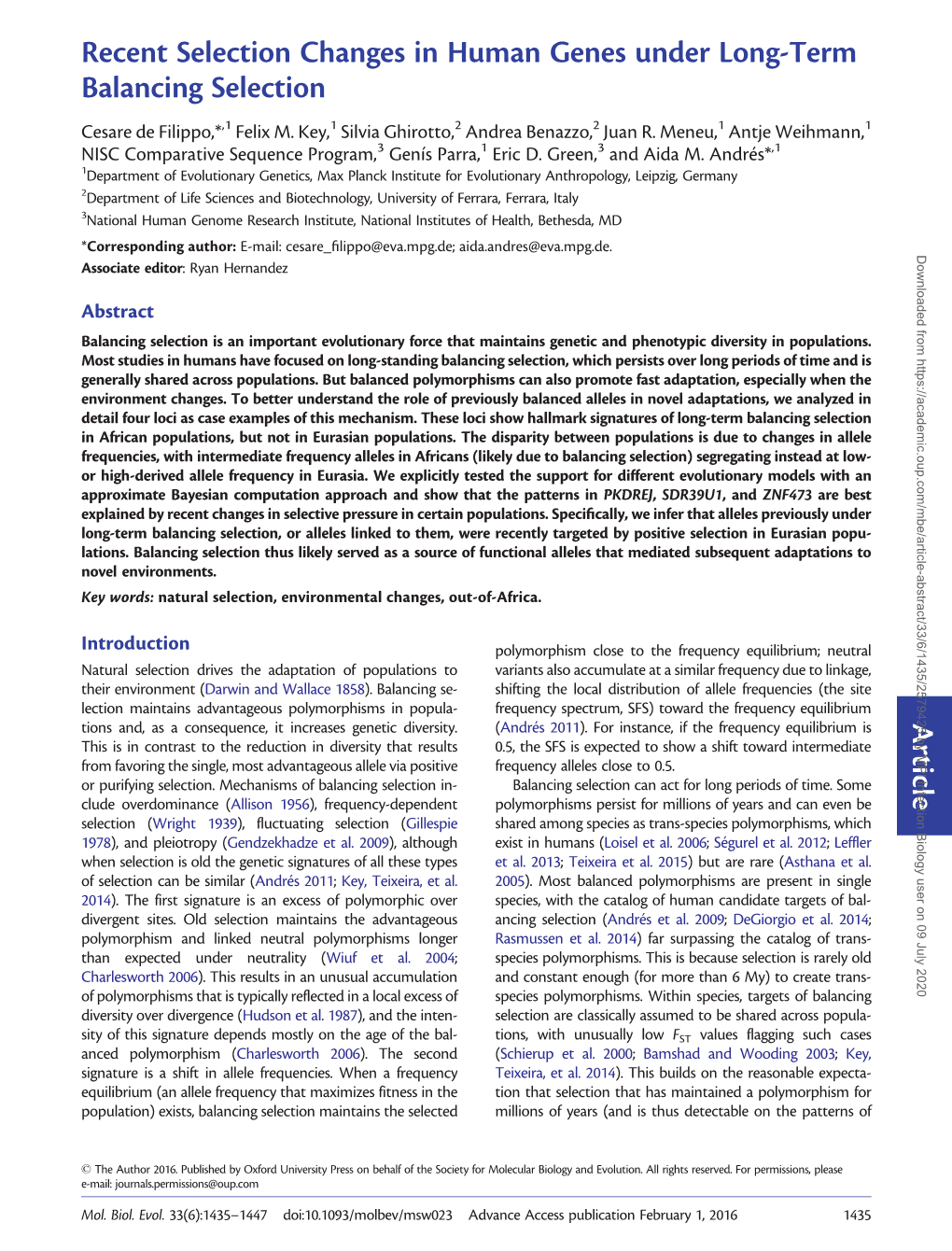 Recent Selection Changes in Human Genes Under Long-Term Balancing Selection Cesare De Filippo,*,1 Felix M