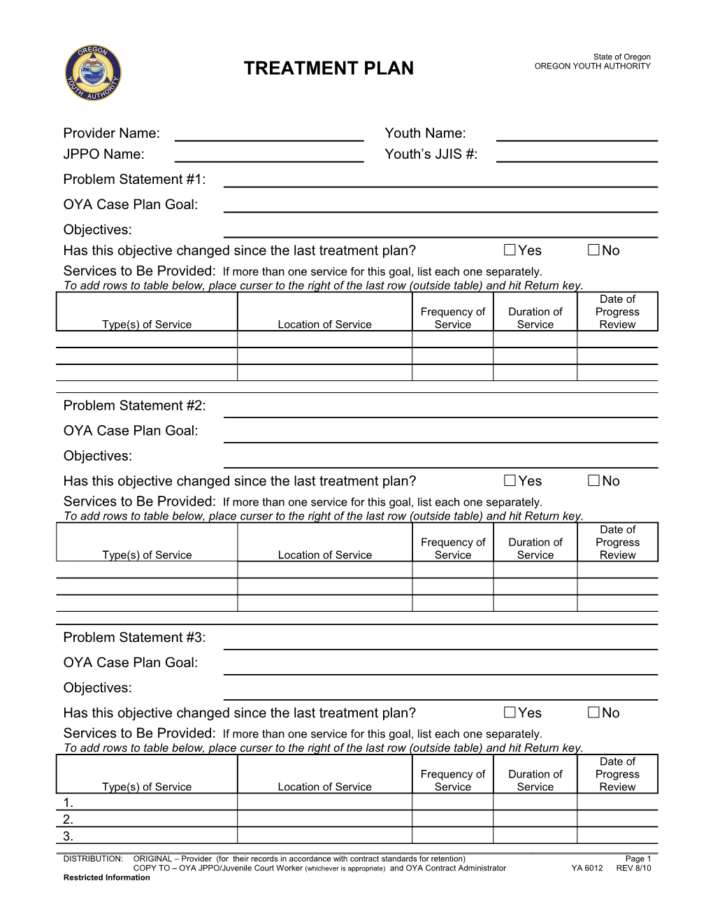 YA 6012 - Treatment Plan