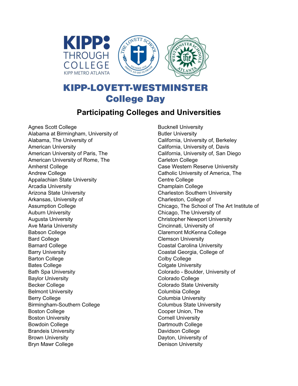 Participating Colleges and Universities