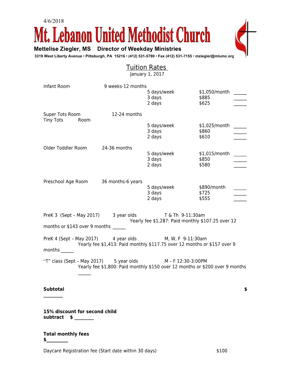 Weekday Ministries Tuition Rates