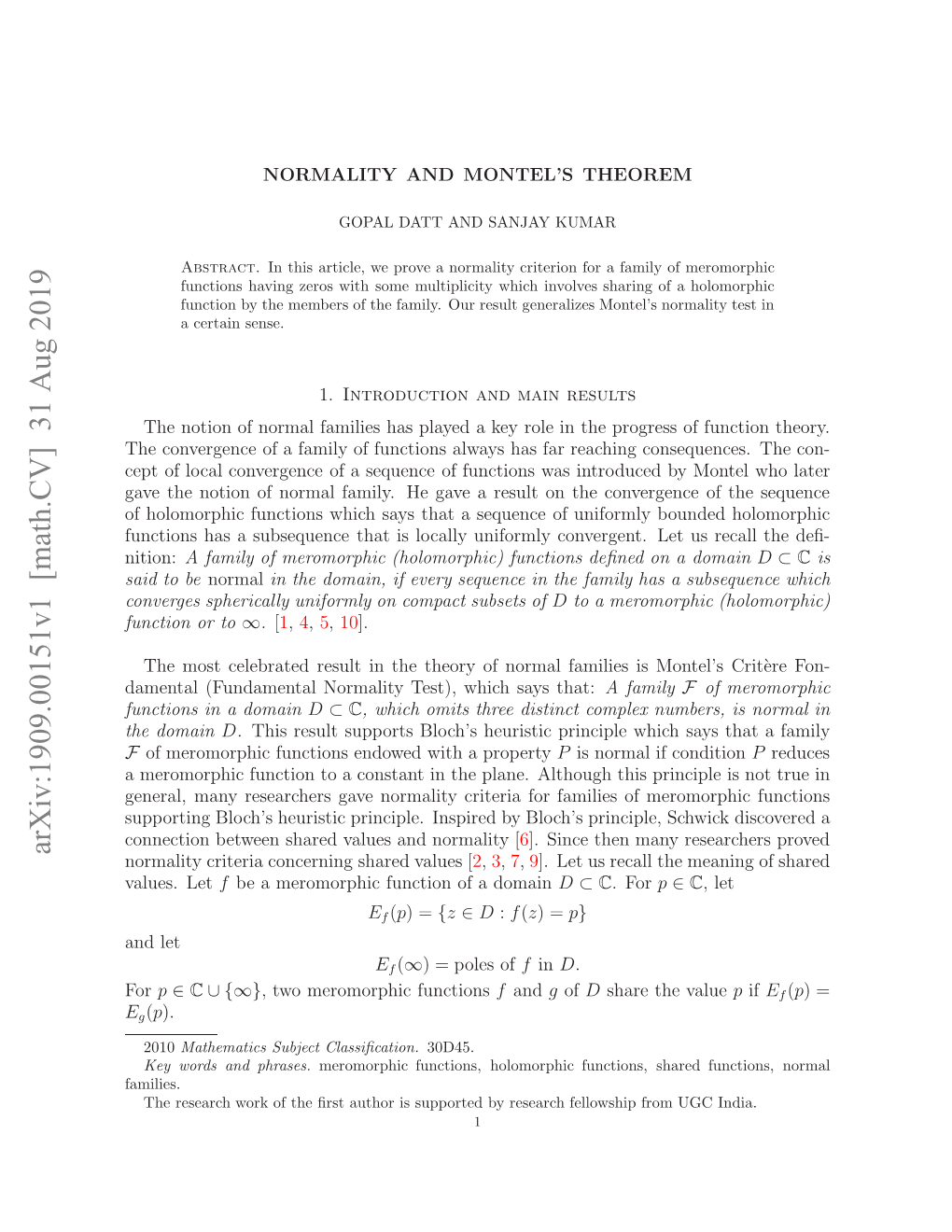 Arxiv:1909.00151V1 [Math.CV] 31 Aug 2019 N Let and for Adt Be to Said E Ucin a Usqec Hti Oal Nfrl Ovret L Convergent