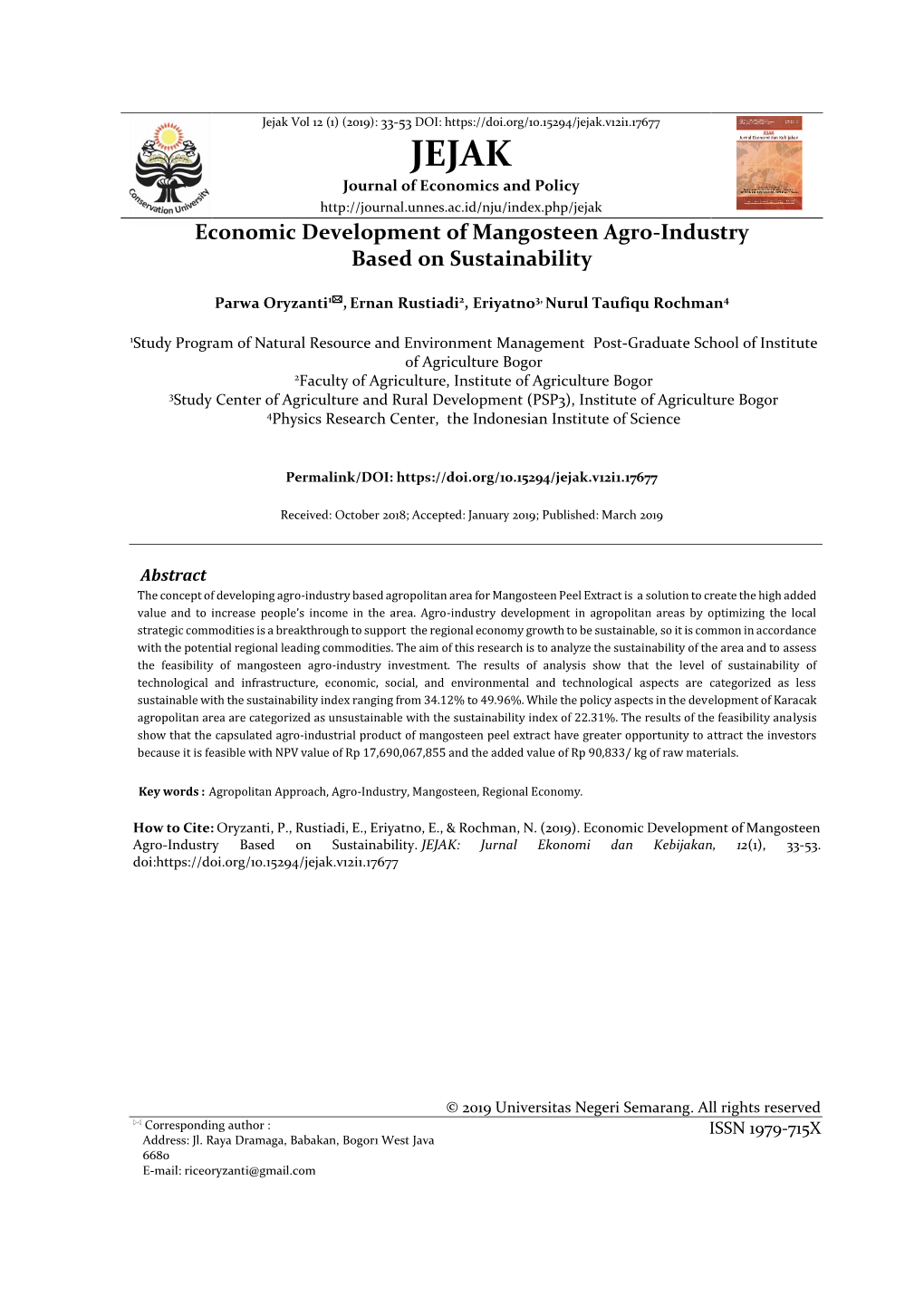 Economic Development of Mangosteen Agro-Industry Based on Sustainability