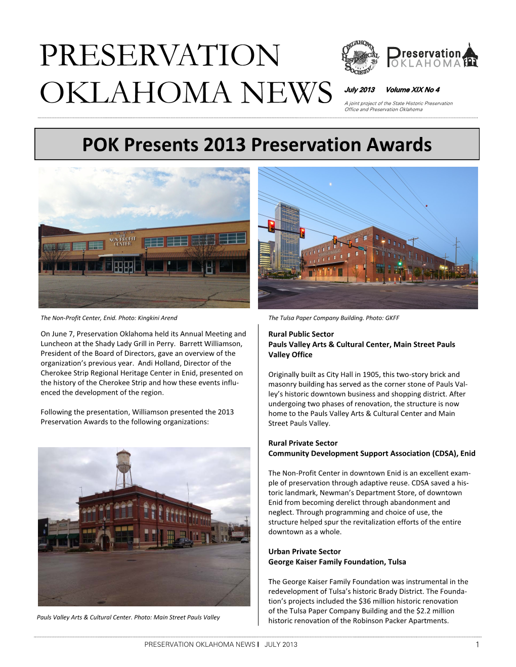 PRESERVATION OKLAHOMA NEWS L JULY 2013 1 Oklahoma’S Most Endangered Historic Places Announced