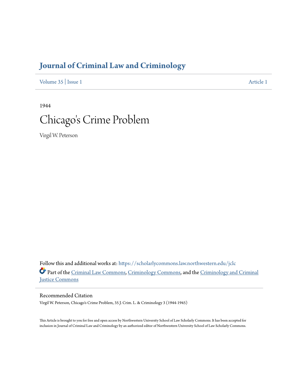 Chicago's Crime Problem Virgil W