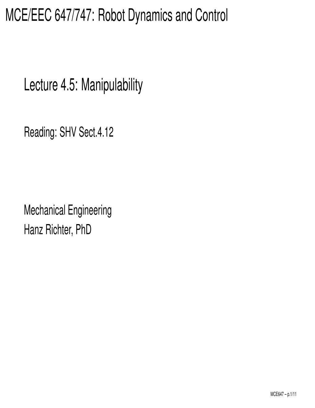 Robot Dynamics and Control Lecture 4.5: Manipulability