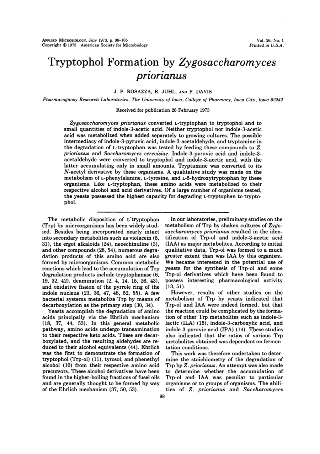 Tryptophol Formation by Zygosaccharomyces Priorianus