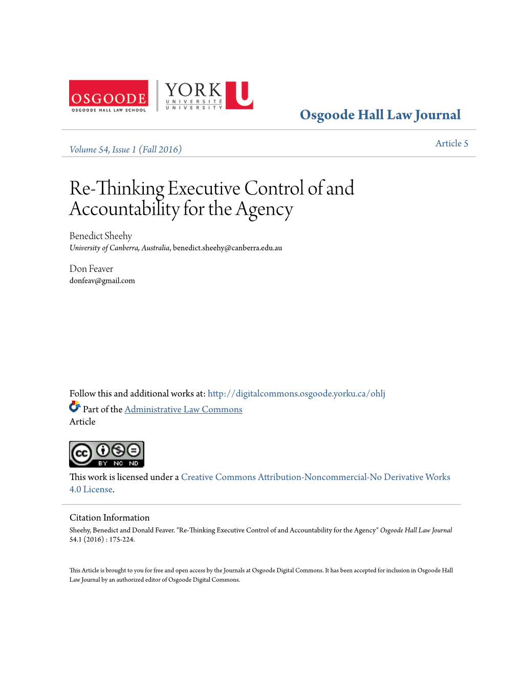 Re-Thinking Executive Control of and Accountability for the Agency Benedict Sheehy University of Canberra, Australia, Benedict.Sheehy@Canberra.Edu.Au