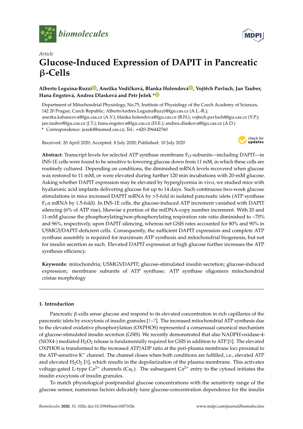 Glucose-Induced Expression of DAPIT in Pancreatic Β-Cells