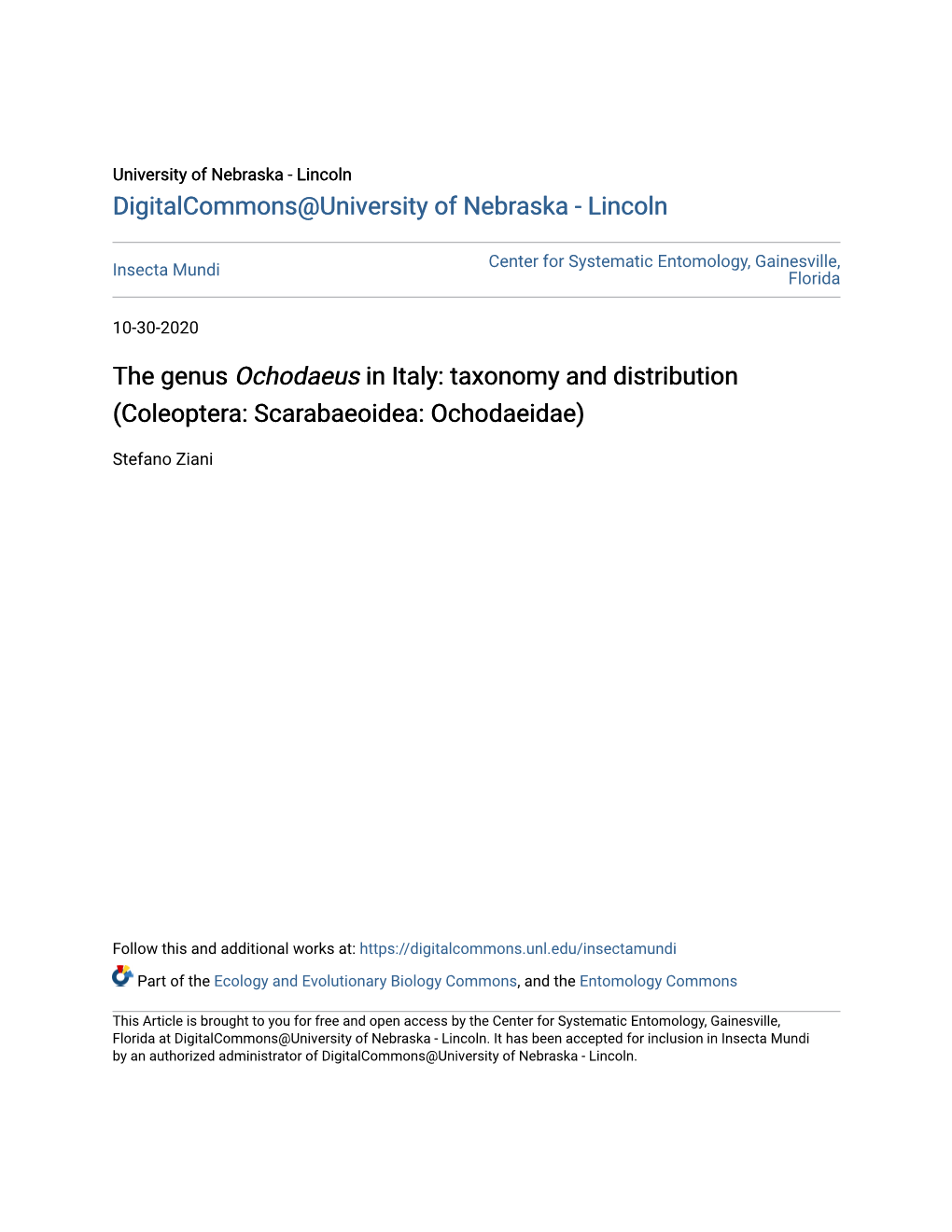 &lt;I&gt;Ochodaeus&lt;/I&gt; in Italy: Taxonomy and Distribution