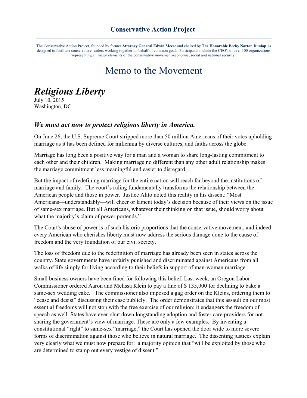 Memo to the Movement Religious Liberty