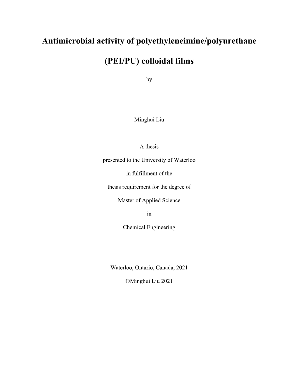 Antimicrobial Activity of Polyethyleneimine/Polyurethane