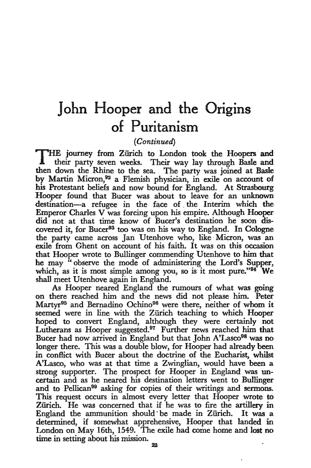 John Hooper and the Origins of Puritanism (Continued) HE Journey from Ziirich to London Took the Hoopers and T Their Party Seven Weeks