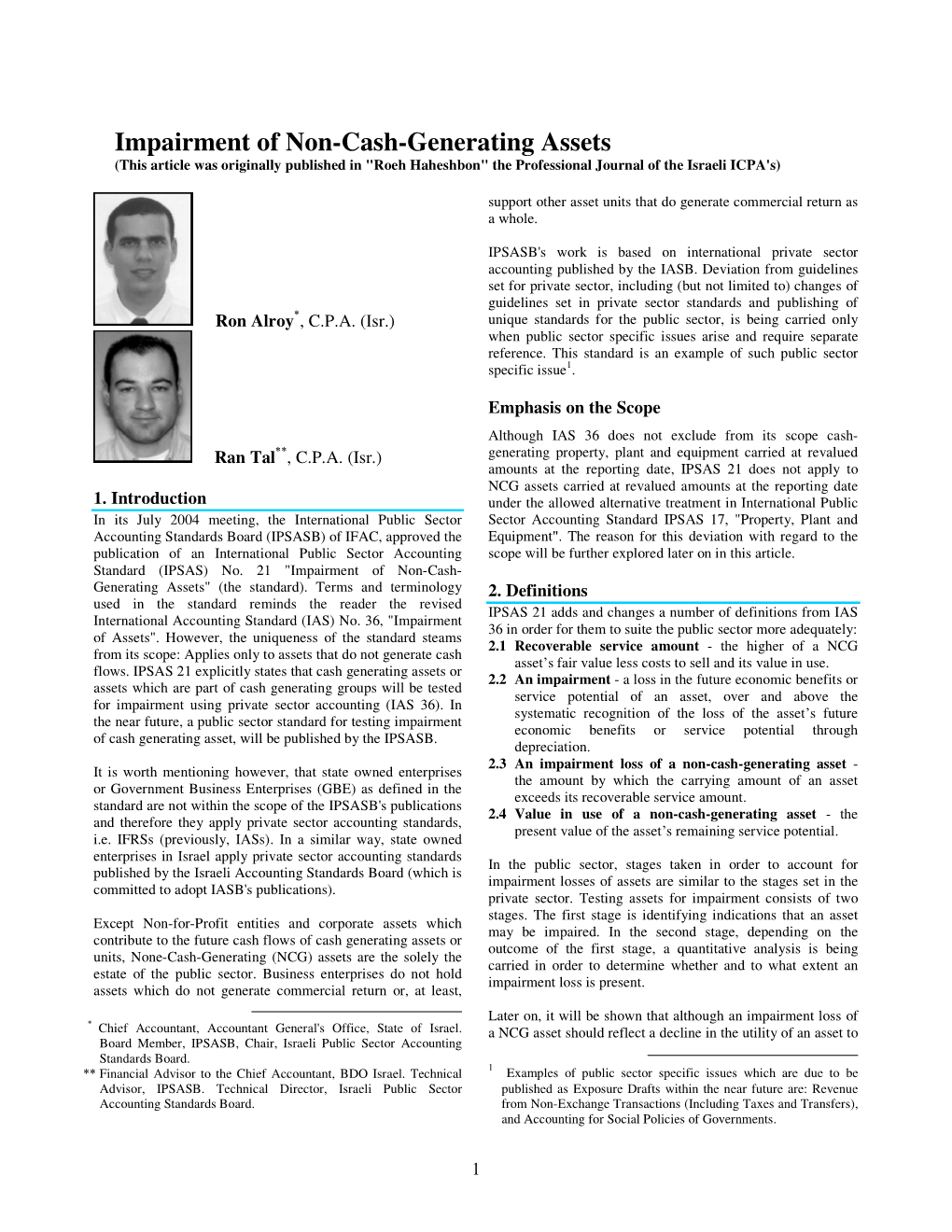 Impairment of Non-Cash-Generating Assets (This Article Was Originally Published in "Roeh Haheshbon" the Professional Journal of the Israeli ICPA's)