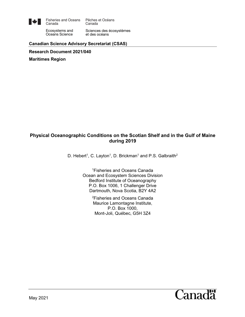 Physical Oceanographic Conditions on the Scotian Shelf and in the Gulf of Maine During 2019