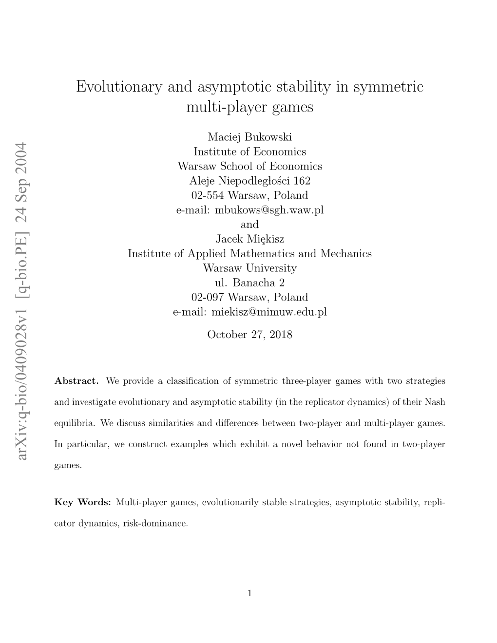 Evolutionary and Asymptotic Stability in Symmetric Multi-Player Games