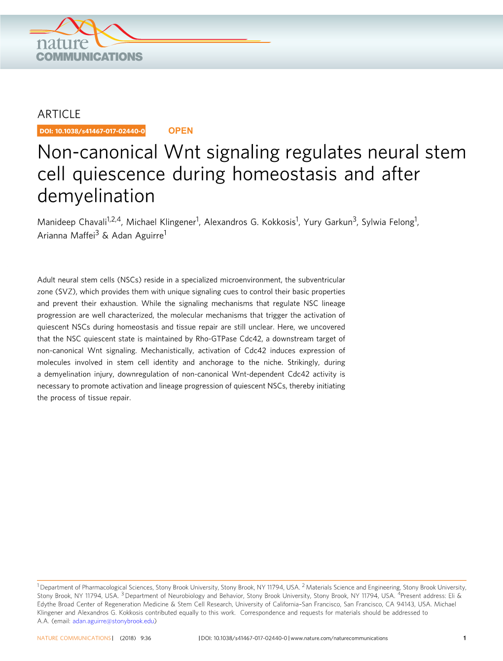 Non-Canonical Wnt Signaling Regulates Neural Stem Cell Quiescence During Homeostasis and After Demyelination