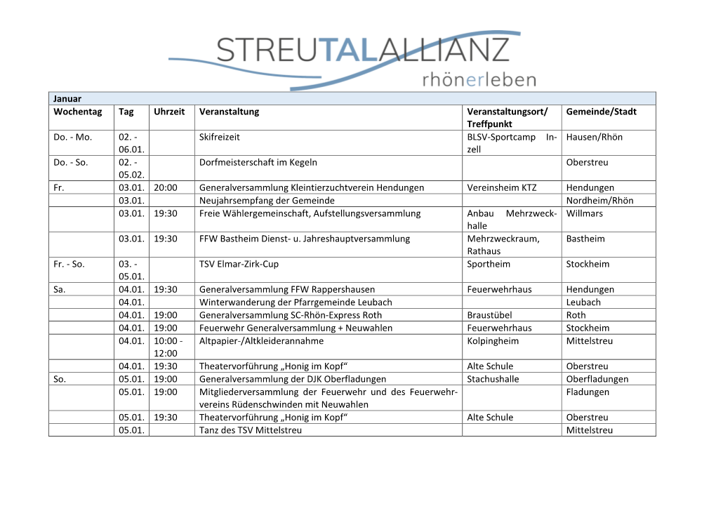 Veranstaltungskalender Streutalallianz 2020