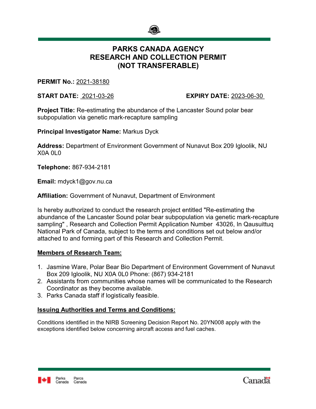 Parks Canada Agency Research and Collection Permit (Not Transferable)