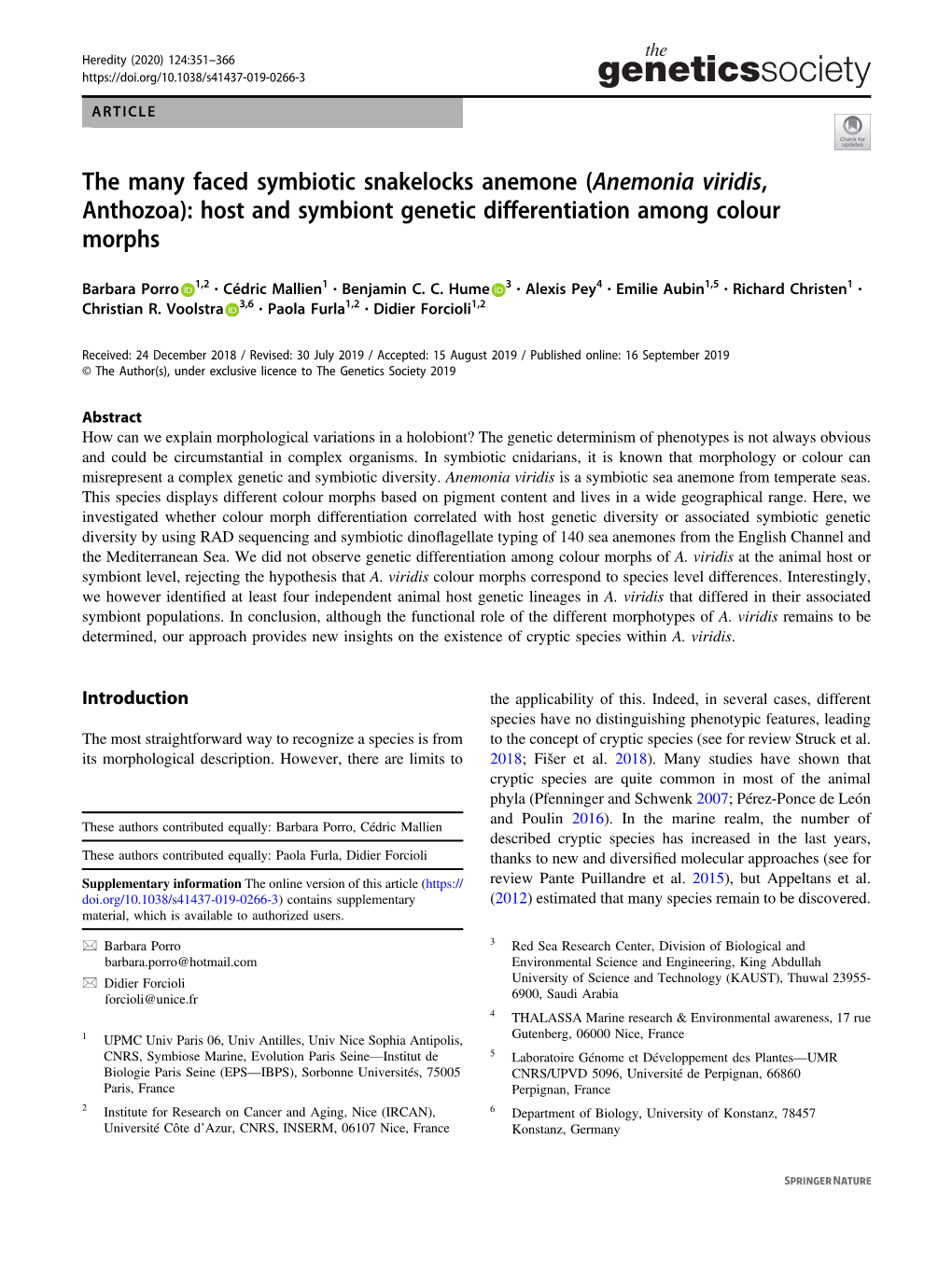 The Many Faced Symbiotic Snakelocks Anemone (Anemonia Viridis, Anthozoa): Host and Symbiont Genetic Differentiation Among Colour Morphs