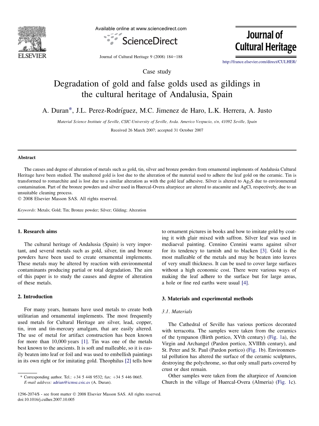 Degradation of Gold and False Golds Used As Gildings in the Cultural Heritage of Andalusia, Spain