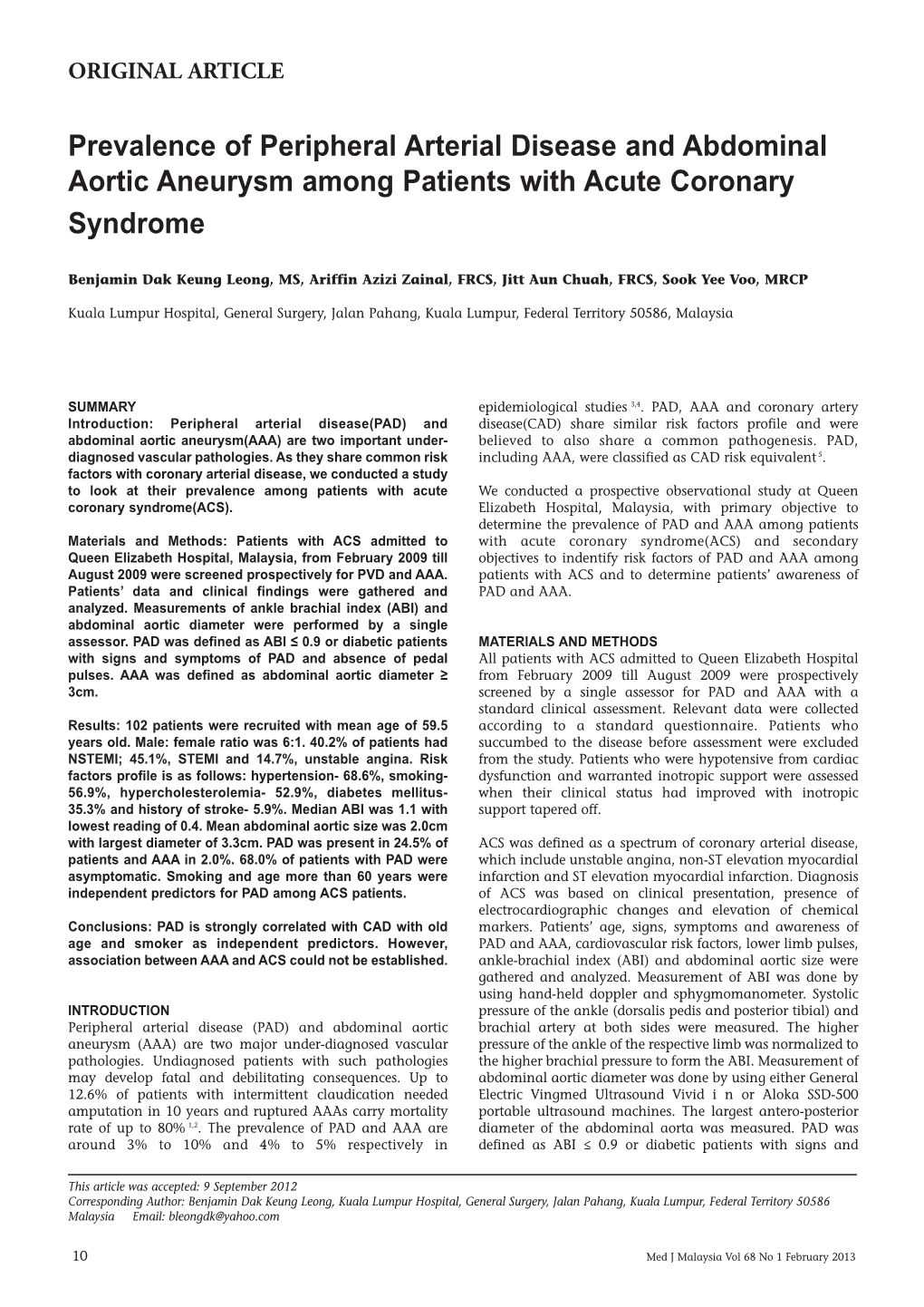 Prevalence of Peripheral Arterial Disease and Abdominal Aortic Aneurysm Among Patients with Acute Coronary Syndrome