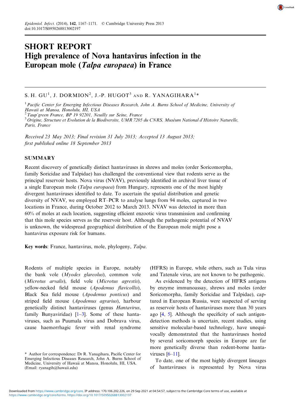 SHORT REPORT High Prevalence of Nova Hantavirus Infection in the European Mole (Talpa Europaea) in France