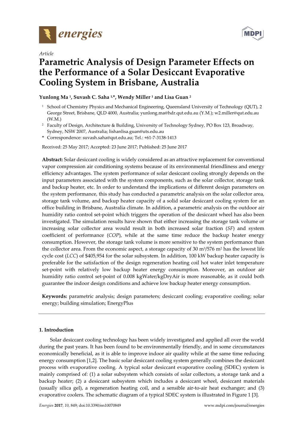 Parametric Analysis of Design Parameter Effects on the Performance of a Solar Desiccant Evaporative Cooling System in Brisbane, Australia