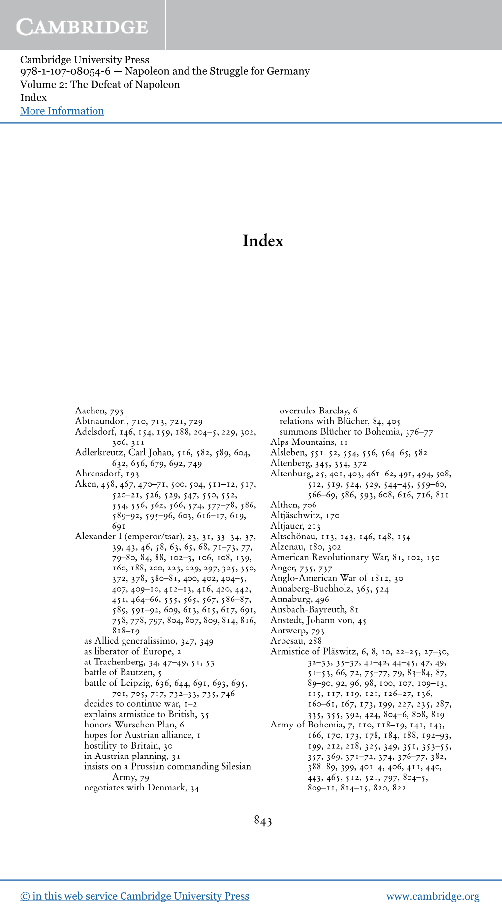 Cambridge University Press 978-1-107-08054-6 — Napoleon and the Struggle for Germany Volume 2: the Defeat of Napoleon Index More Information