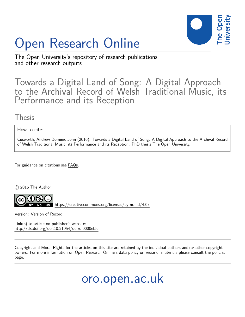 Towards a Digital Land of Song: a Digital Approach to the Archival Record of Welsh Traditional Music, Its Performance and Its Reception