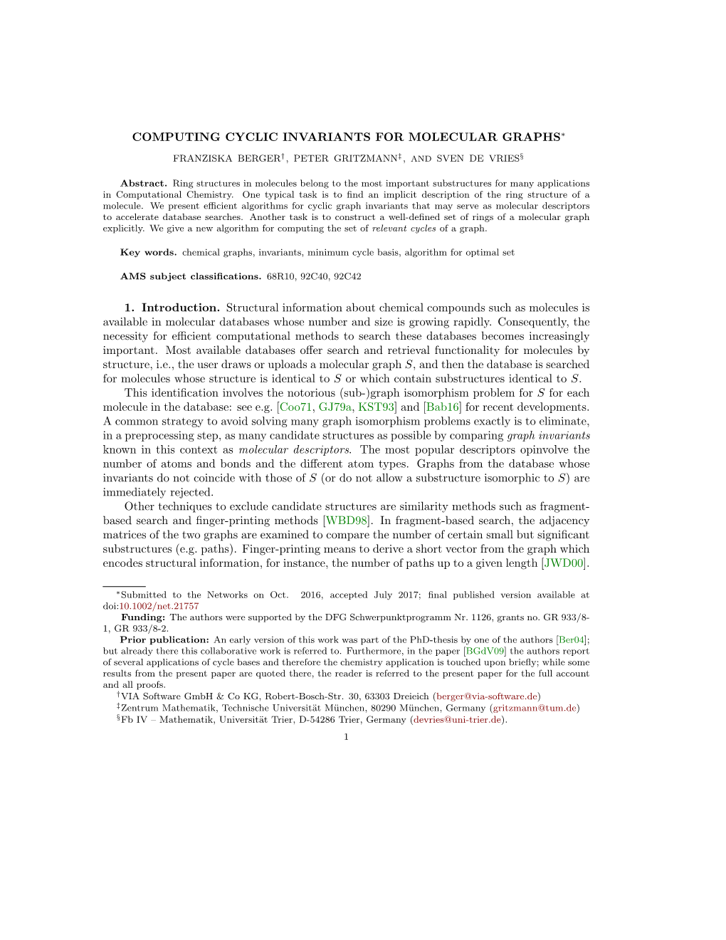 Computing Cyclic Invariants for Molecular Graphs∗