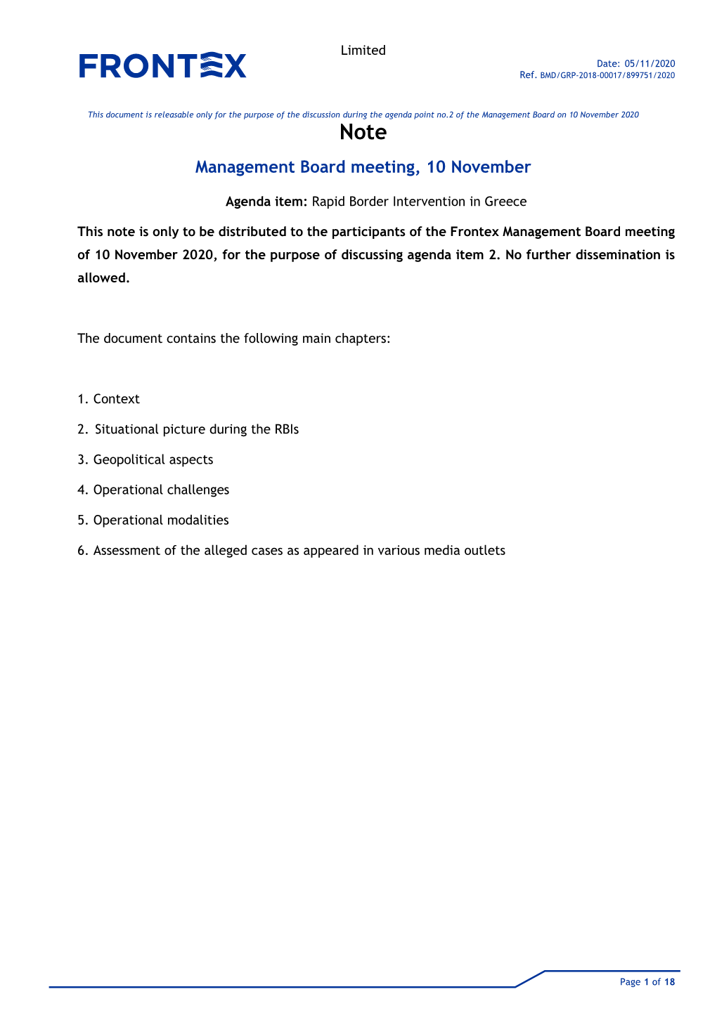 Note for Management Board Meeting, 10 November 2020