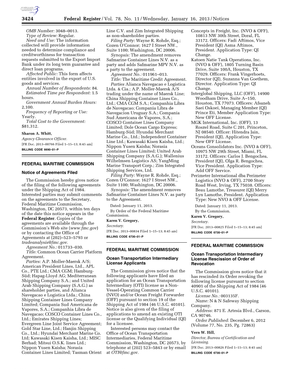 Federal Register/Vol. 78, No. 11/Wednesday, January 16, 2013