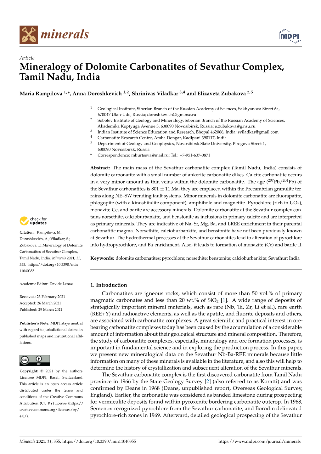 Mineralogy of Dolomite Carbonatites of Sevathur Complex, Tamil Nadu, India