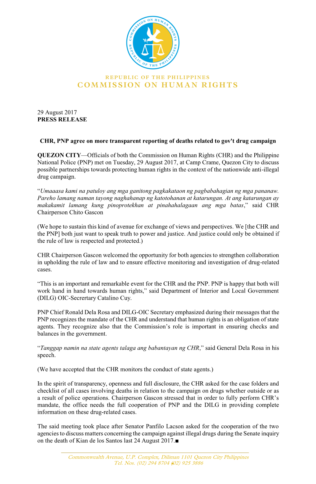 29 August 2017 PRESS RELEASE CHR, PNP Agree on More
